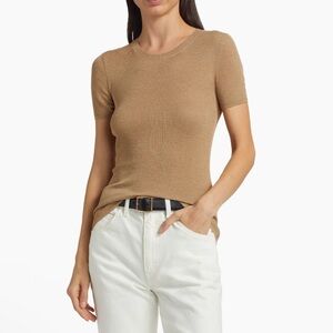 Nili Lotan Hettie Silk Rib-Knit Short-Sleeve Sweater in Camel Tan size medium